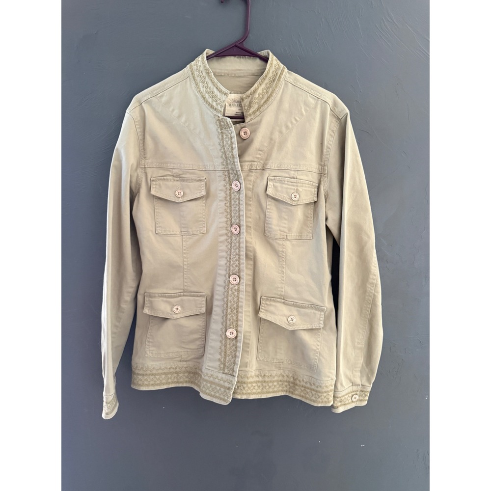 Natural Reflections Khaki Tan Embroidered Utility Safari Jacket Women Large